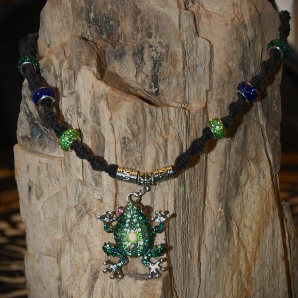 Adorable Green & Blue Rhinestone Frog on a Handmade Black Hemp Chain - Picture 3 of 6